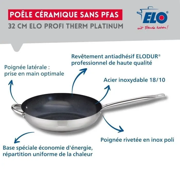 Elo Set de 3 poêles induction professionnelles ELODUR 18/10 avec couvercles en verre, Ø 24-28 et 32 cm, sans PFAS, compatibles tous feux