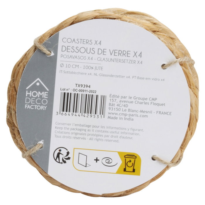 Home Deco Factory Lot de 4 Posavasos en Jute de 10 cm de Diamètre Home Deco Factory Lot de 4 Posavasos en Jute de 10 cm de Diamètre