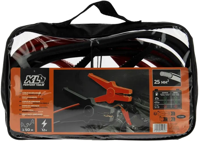 XL PERFORM TOOLS Câbles de démarrage pour véhicules essence et diesel 25 mm², pinces isolées, 3.5 m, avec sacoche