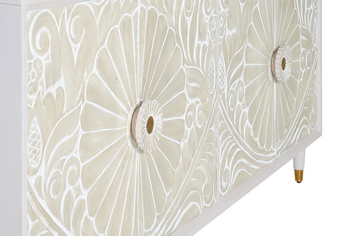 GINER Y COLOMER Buffet en Mango avec 4 Portes Sculptées, Finition Blanc Lavé et Pieds Détail Bronze - 190 x 80 x 40 cm