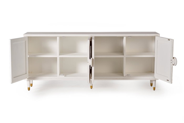 GINER Y COLOMER Buffet en Mango avec 4 Portes Sculptées, Finition Blanc Lavé et Pieds Détail Bronze - 190 x 80 x 40 cm