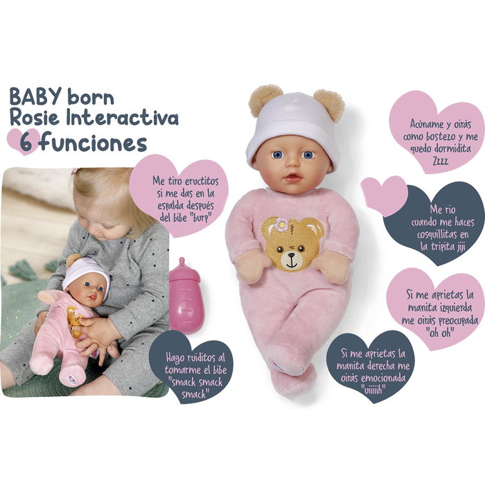 Zapf Creation Baby Born Poupée interactive 6 fonctions avec biberon - Muñeca suave, tête en vinyle et bras en tissu
