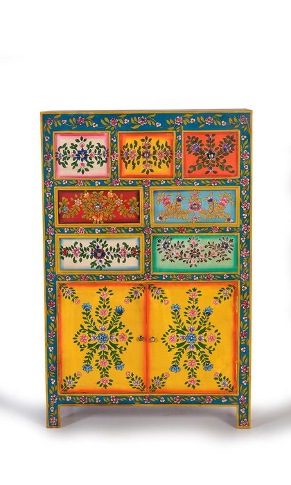 Giner y Colomer Commode 7 tiroirs et 2 portes en MDF et bois de mango peint à la main multicolore - 122 x 80 x 40 cm
