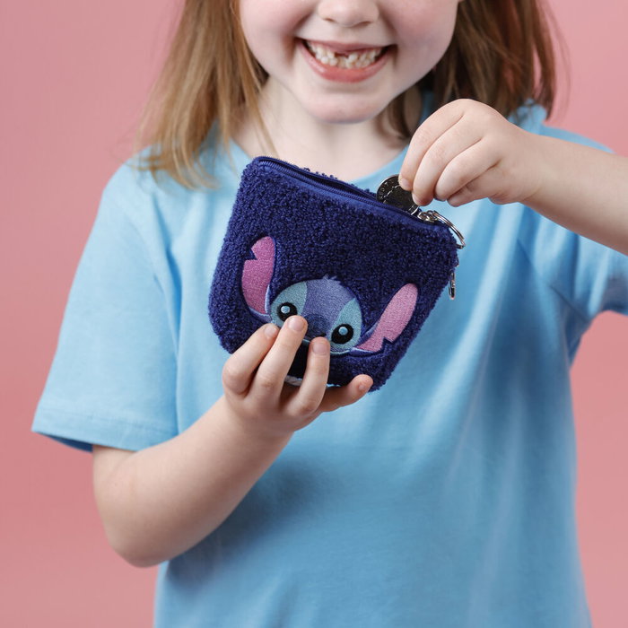 PEERS HARDY Llavero Monedero Stitch Disney - Porte-monnaie clé azu avec fermeture à glissière et porte-clés en argent, design Stitch brodé