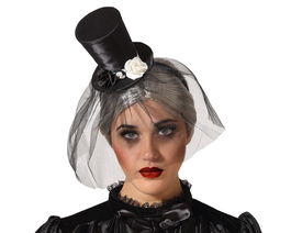 Barrette Chapeau Haut-de-forme avec Voile Noir et Fleurs - Accessoire pour Halloween, Théâtre ou Photo Style Gothique