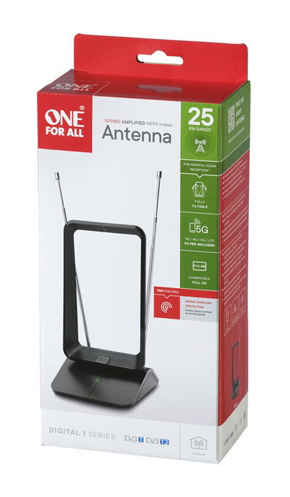 One For All Antenne intérieure TV SV9460 avec amplification pour réception Full HD et filtre 5G