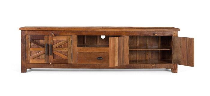 GINER Y COLOMER Meuble TV en bois recyclé couleur noyer, 2 portes, 1 tiroir et espace ouvert, 61 cm de large