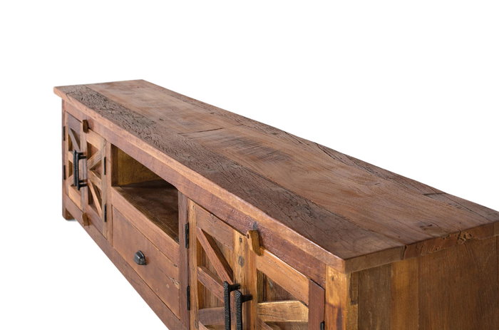 GINER Y COLOMER Meuble TV en bois recyclé couleur noyer, 2 portes, 1 tiroir et espace ouvert, 61 cm de large