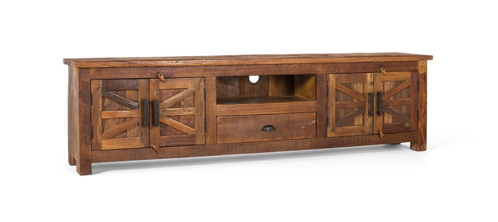 GINER Y COLOMER Meuble TV en bois recyclé couleur noyer, 2 portes, 1 tiroir et espace ouvert, 61 cm de large