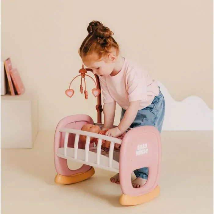Smoby Berceau à barreaux Baby Nurse - Lit bébé à bascule avec mobile, pour poupon jusqu'à 42 cm - À partir de 18 mois - Fabriqué en France