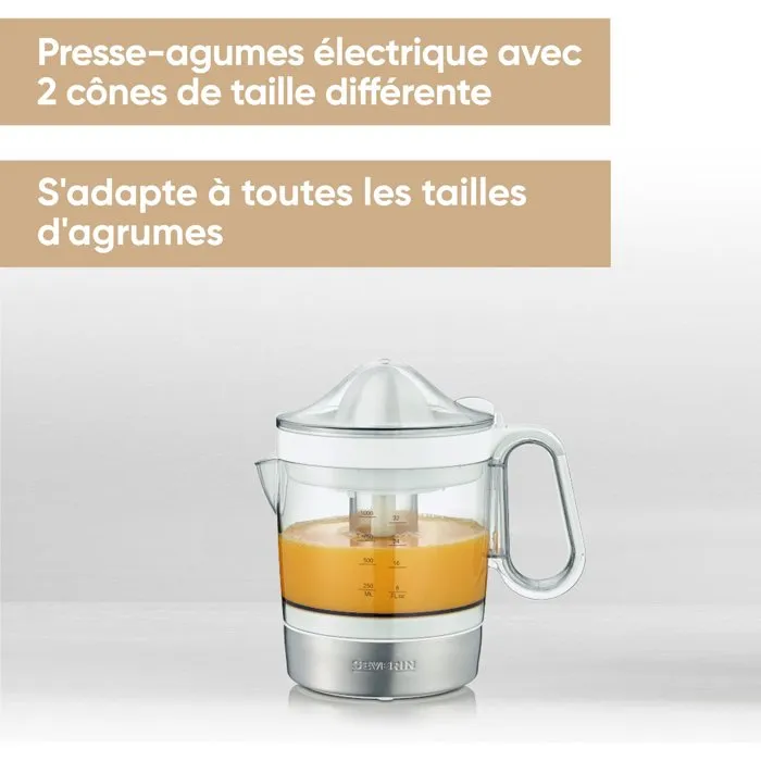 Severin CP3535 Presse-agrumes électrique blanc 1L avec 2 cônes amovibles