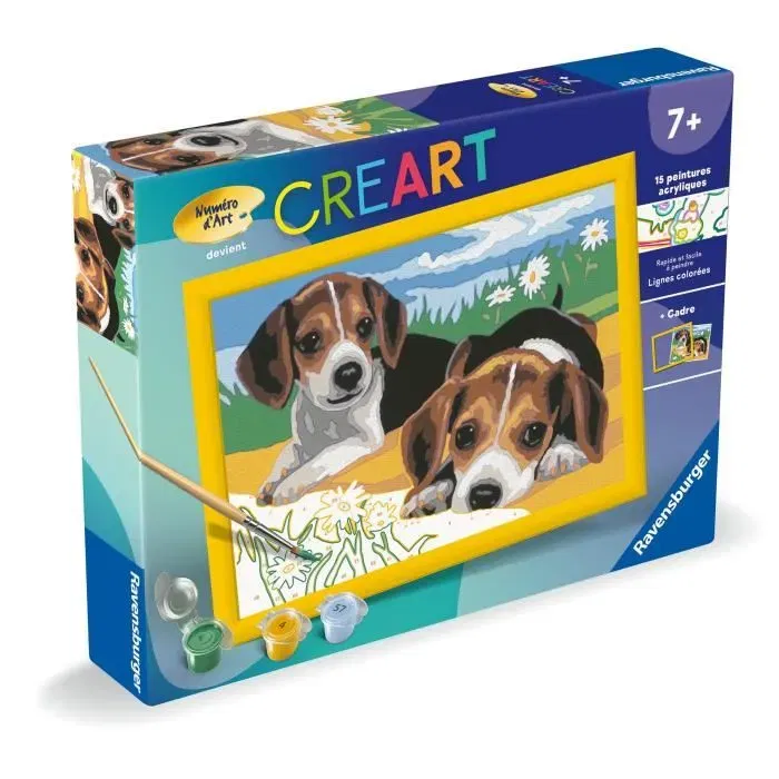 Ravensburger CreArt Kids - Kit peinture par numéros - Chiots Beagle 18x24 cm - Lignes pré-peintes colorées - Facile et amusant