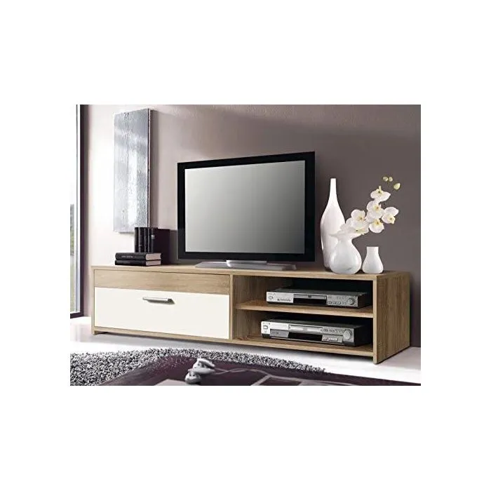 PILVI - Meuble TV contemporain 120 cm en aggloméré mélaminé - Décor chêne sonoma et blanc - 1 abattant + 2 niches - L 120 x P 42.1 x H 31.8 cm