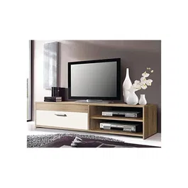PILVI - Meuble TV contemporain 120 cm en aggloméré mélaminé - Décor chêne sonoma et blanc - 1 abattant + 2 niches - L 120 x P 42.1 x H 31.8 cm