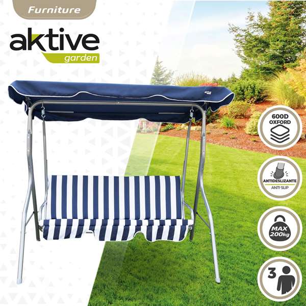 Color Baby - Balancín 3 plazas azul a rayas blancas Aktive 180x107x160cm, balançoire 3 places bleue et blanche pour enfants, acier et polyester Color Baby - Balancín 3 plazas azul a rayas blancas Aktive 180x107x160cm, balançoire 3 places bleue et blanche pour enfants, acier et polyester