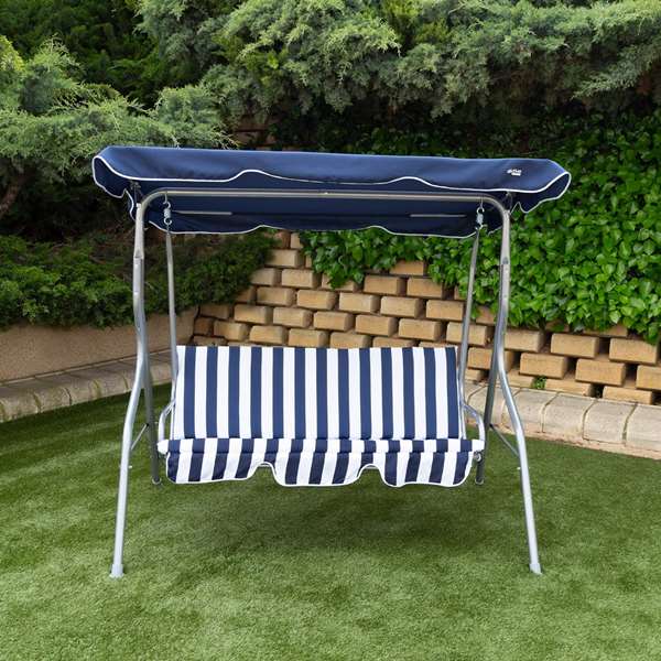 Color Baby - Balancín 3 plazas azul a rayas blancas Aktive 180x107x160cm, balançoire 3 places bleue et blanche pour enfants, acier et polyester Color Baby - Balancín 3 plazas azul a rayas blancas Aktive 180x107x160cm, balançoire 3 places bleue et blanche pour enfants, acier et polyester