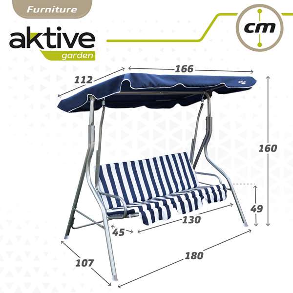 Color Baby - Balancín 3 plazas azul a rayas blancas Aktive 180x107x160cm, balançoire 3 places bleue et blanche pour enfants, acier et polyester Color Baby - Balancín 3 plazas azul a rayas blancas Aktive 180x107x160cm, balançoire 3 places bleue et blanche pour enfants, acier et polyester