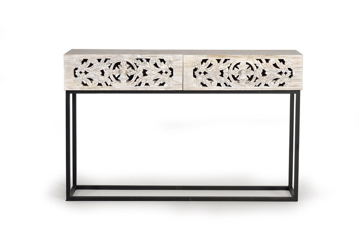 GINER Y COLOMER Console en Bois de Mango avec Patins Métal, Finition Blanc Vieilli et Noir - 120 cm de Large, 77 cm de Haut, 30 cm de Profondeur