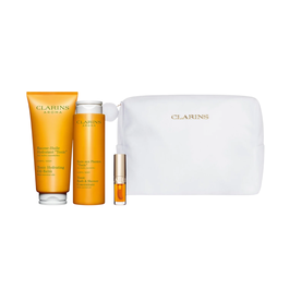 Clarins - Set Soins Corps & Lèvres : Huile Hydratante aux Huiles Essentielles 200 ml + Gel Douche 200 ml + Huile Lèvres Confort 01 Miniature 1.4 ml + Pochette Textile Blanche