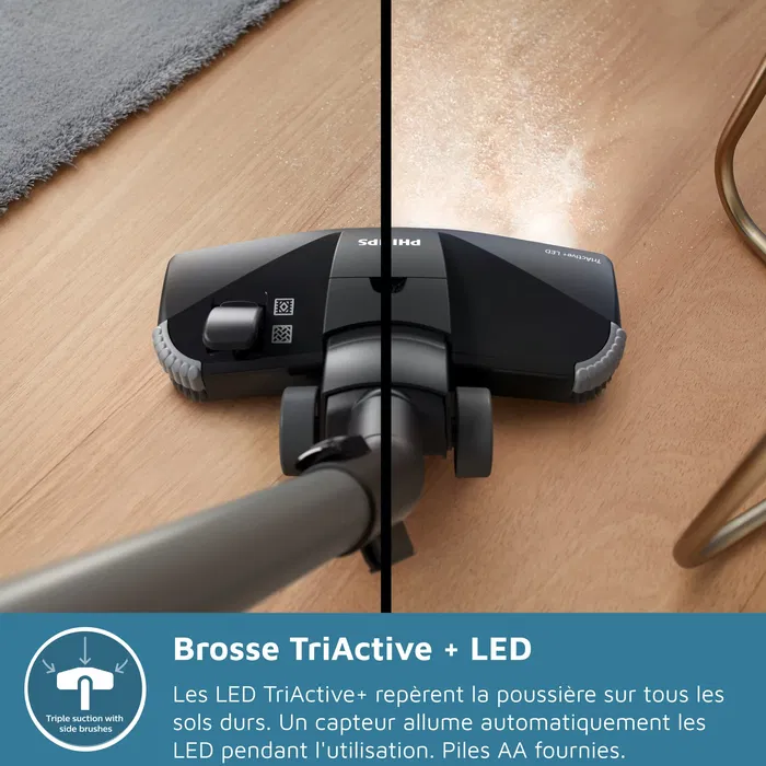 Philips XD6122/12 Aspirateur traîneau avec sac, Série 6000, 900W, filtre HEPA ECARF, brosse TriActive+ LED, 4L, 77dB - Blanc