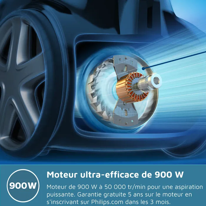 Philips XD6122/12 Aspirateur traîneau avec sac, Série 6000, 900W, filtre HEPA ECARF, brosse TriActive+ LED, 4L, 77dB - Blanc