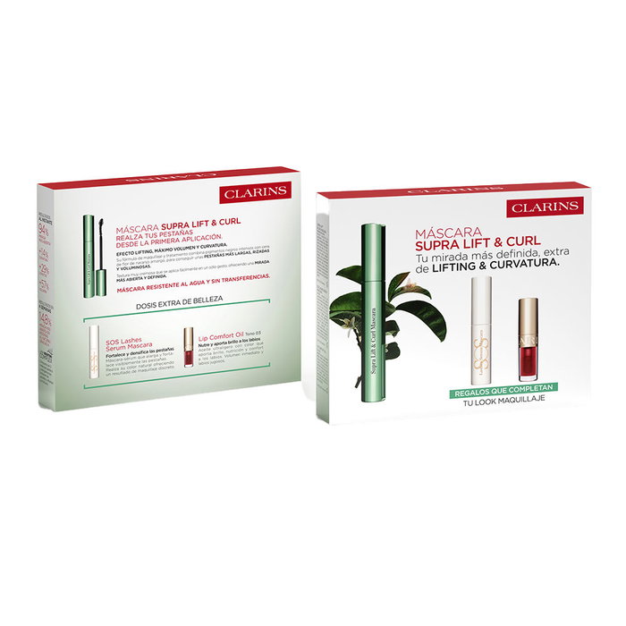 Clarins Mascara SUPRA LIFT & CURL Set - Ensemble 3 pièces (Mascara 8 ml + Soin pour les cils 3 ml + Huile à lèvres 1,4 ml) pour cils volumineux, liftés et courbés