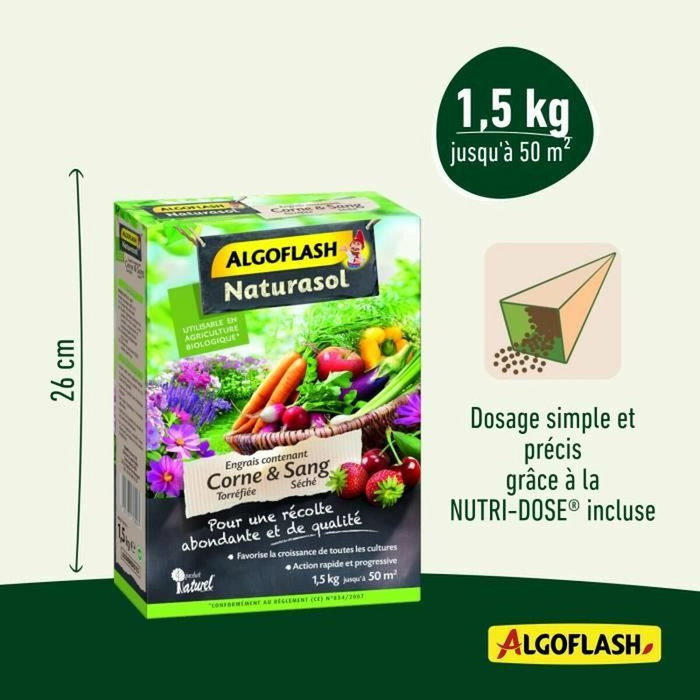 Algoflash Naturasol Engrais corne torréfiée et sang séché 1,5kg Algoflash Naturasol Engrais corne torréfiée et sang séché 1,5kg