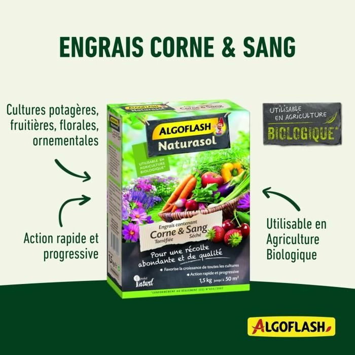 Algoflash Naturasol Engrais corne torréfiée et sang séché 1,5kg Algoflash Naturasol Engrais corne torréfiée et sang séché 1,5kg