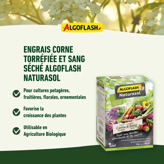 Algoflash Naturasol Engrais corne torréfiée et sang séché 1,5 kg - Pour cultures fruitières, potagères, ornementales, florales - Agriculture Biologique - Produit naturel