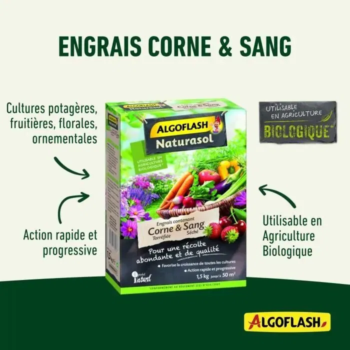 Algoflash Naturasol Engrais corne torréfiée et sang séché 1,5 kg - Pour cultures fruitières, potagères, ornementales, florales - Agriculture Biologique - Produit naturel