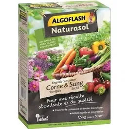 Algoflash Naturasol Engrais corne torréfiée et sang séché 1,5 kg - Pour cultures fruitières, potagères, ornementales, florales - Agriculture Biologique - Produit naturel