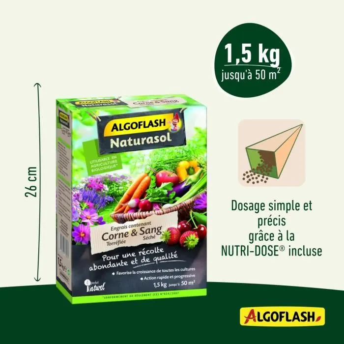 Algoflash Naturasol Engrais corne torréfiée et sang séché 1,5 kg - Pour cultures fruitières, potagères, ornementales, florales - Agriculture Biologique - Produit naturel