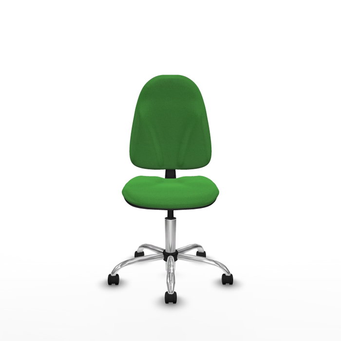 Chaise de bureau Algarra avec mécanisme de contact permanent de base, recouverte de tissu vert. Équipée d'une base chromée, sans accoudoirs et de roulettes en nylon de 50 mm