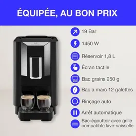 Continental Edison CECFAUTOB - Machine à expresso avec broyeur à grains, 19 bars, 1450 W, programmes expresso/lungo/americano - Noir