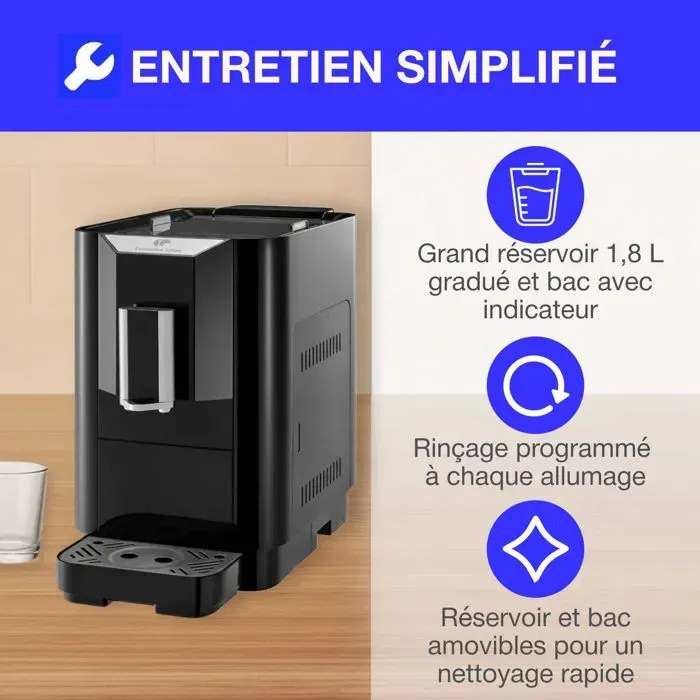 Continental Edison CECFAUTOB - Machine à expresso avec broyeur à grains, 19 bars, 1450 W, programmes expresso/lungo/americano - Noir
