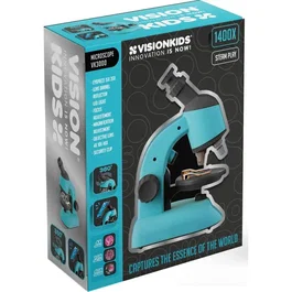 Microscope pour Enfants Vision Kids - dès 5 ans - avec Accessoires (Scalpel, Spatule, Support Téléphone) - Fonction Pivot 360° - Alimentation Piles AA - Bleu