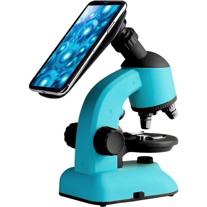 Microscope pour Enfants Vision Kids - dès 5 ans - avec Accessoires (Scalpel, Spatule, Support Téléphone) - Fonction Pivot 360° - Alimentation Piles AA - Bleu