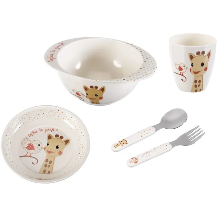 Sophie La Girafe Set Repas Kiwi - Assiette Creuse, Bol Anti-Brûlure Poignées, Gobelet et 2 Couverts Ergonomiques pour Bébé
