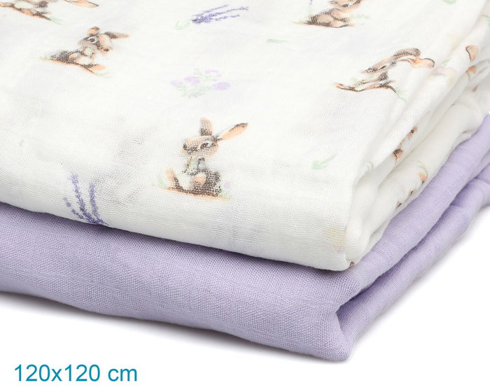 KioKids Set de 2 Muselines Conejitos Lavanda 120x120cm KioKids Set de 2 Muselines Conejitos Lavanda 120x120cm