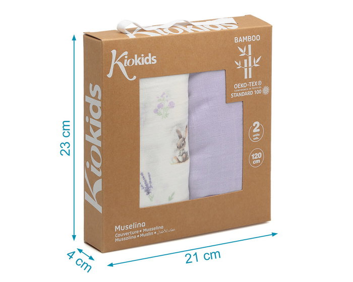 KioKids Set de 2 Muselines Conejitos Lavanda 120x120cm KioKids Set de 2 Muselines Conejitos Lavanda 120x120cm