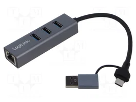 LOGILINK Hub USB UA0440 avec RJ45, 3x USB-A et USB-C, Gris