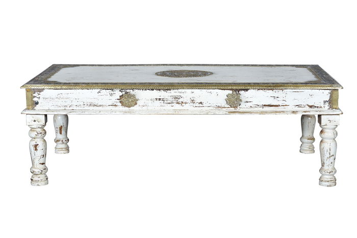 GINER Y COLOMER Table basse en bois de manguier, finition blanc vieilli avec détails bronze, 140x80x45 cm, meuble artisanal