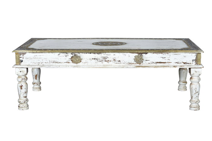 GINER Y COLOMER Table basse en bois de manguier, finition blanc vieilli avec détails bronze, 140x80x45 cm, meuble artisanal