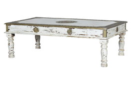 GINER Y COLOMER Table basse en bois de manguier, finition blanc vieilli avec détails bronze, 140x80x45 cm, meuble artisanal