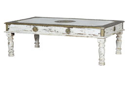 GINER Y COLOMER Table basse en bois de manguier, finition blanc vieilli avec détails bronze, 140x80x45 cm, meuble artisanal