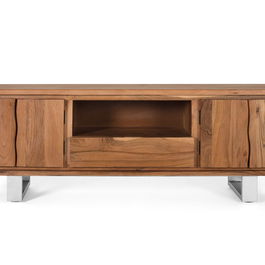 GINER Y COLOMER Meuble TV 4 portes 1 tiroir en bois d'acacia massif naturel avec pieds métal argenté - Dimensions L170 x P40 x H56 cm