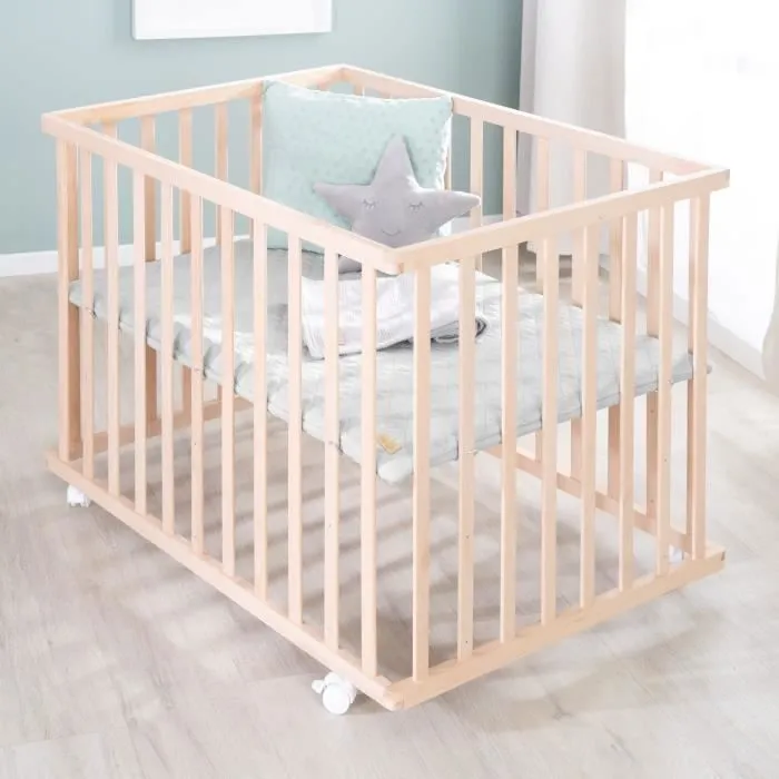 Roba - Parc bébé et aire de jeu en hêtre massif bio 75x100 cm avec tapis gris - Réglable - Roulettes freins - Norme EN 12227