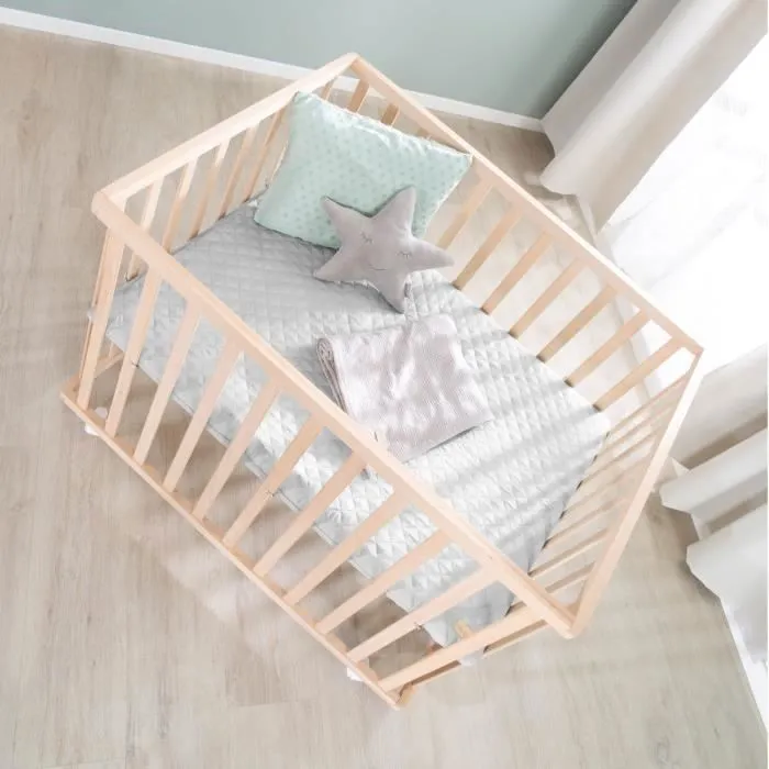 Roba - Parc bébé et aire de jeu en hêtre massif bio 75x100 cm avec tapis gris - Réglable - Roulettes freins - Norme EN 12227