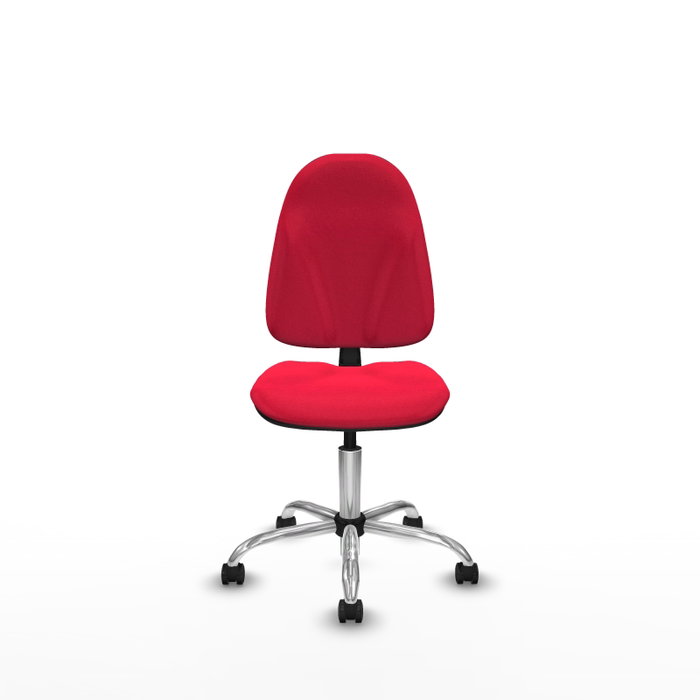Chaise de bureau Algarra avec mécanisme de contact permanent de base, recouverte de tissu rouge. Équipée d'une base chromée, sans accoudoirs et de roulettes pour parquet.