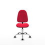 Chaise de bureau Algarra avec mécanisme de contact permanent de base, recouverte de tissu rouge. Équipée d'une base chromée, sans accoudoirs et de roulettes pour parquet.